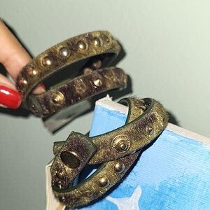 Studded Metallic Green Faux  Leather Wrap Bracelet(Set Of 2)NWT. Mililary/ Fuzzy
